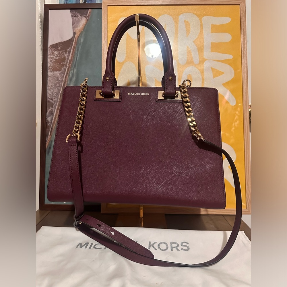 Michael Kors Quinn Large Saffiano Leather Satchel Handbag Plum